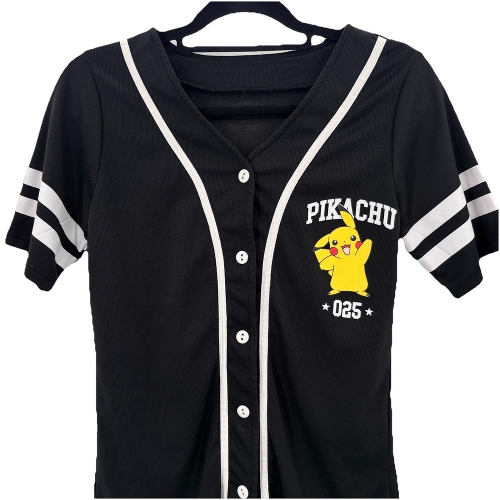 Pikachu Pokemon Women Small #025 Jersey Black Baseball Shirt Double Sided‎ Y2K - Picture 4 of 9